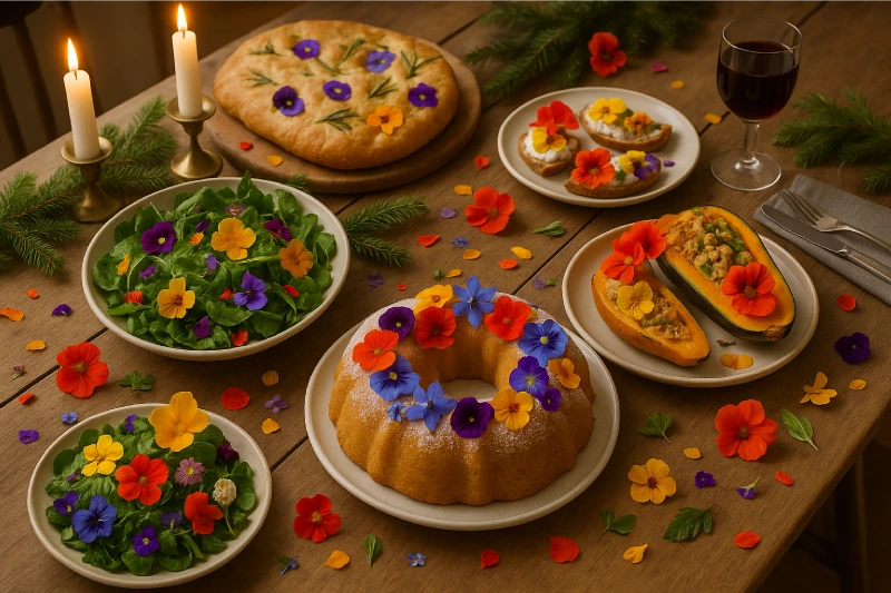 Varius Dishes Garnished With Edible Flowers