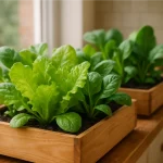 Lettuce ans Spinach Growing In Wooden Trays