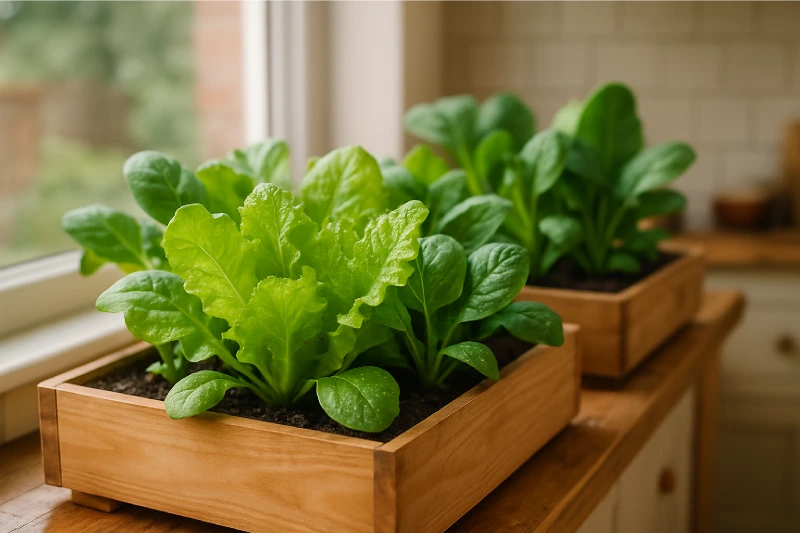 Lettuce ans Spinach Growing In Wooden Trays