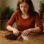 Polly Mixing Soil On A Table in Her Kitchen