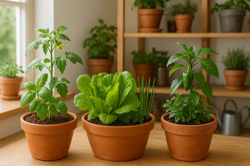 Herbs and Vegetables Sharing The Same Pot