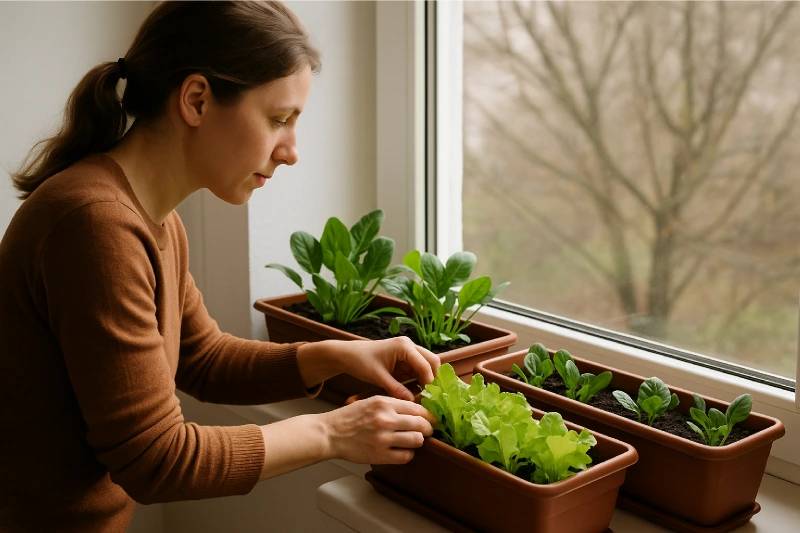 Polly Growing Vegetables On A Windowsill