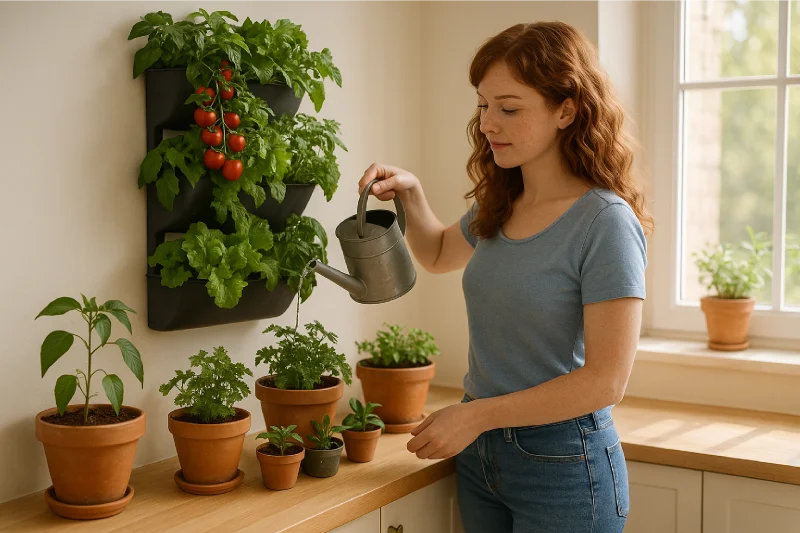 Polly Watering Vegetablen in Her Kitchen